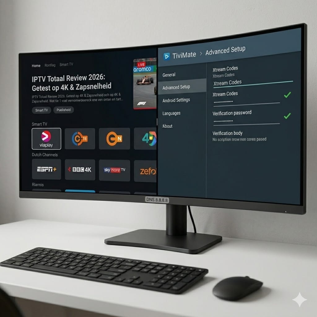 Een 1:1 foto van een computermonitor die een split screen toont met iptvtotaal zenders en het DNS instellingen menu, ter preventie van throttling.