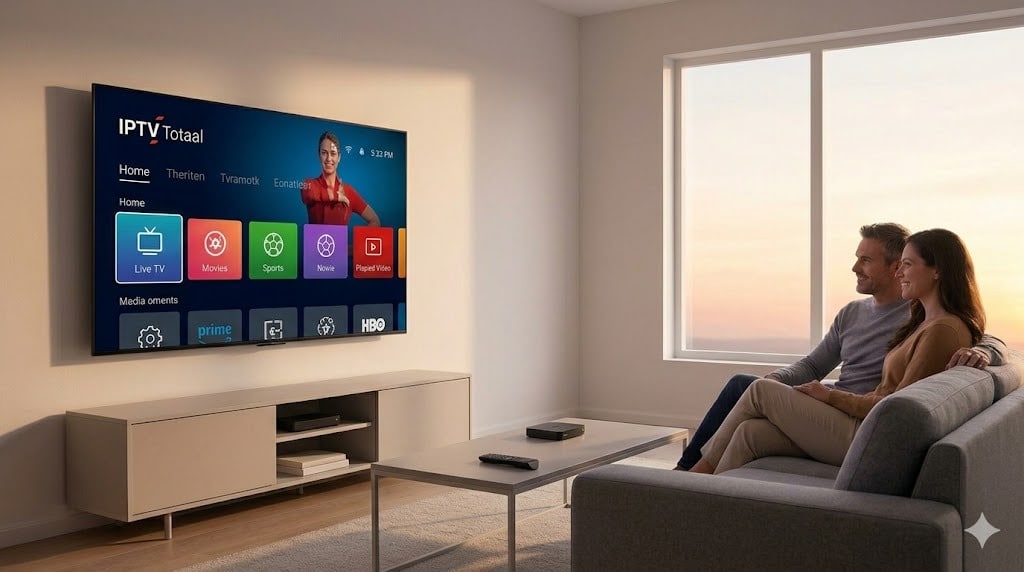 Een modern Nederlands gezin kijkt ontspannen naar de interface van IPTV Totaal op hun smart TV, wat de ideale ervaring van iptv legaal nederland weergeeft in 2026.