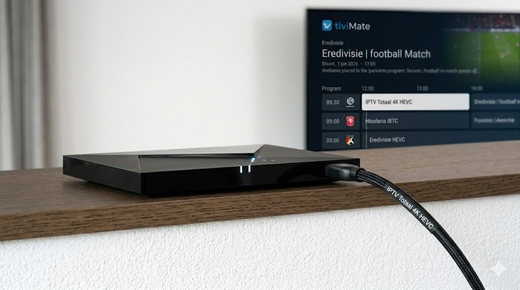 Close-up van een mediaspeler (Nvidia Shield) met de TiviMate app, geconfigureerd voor stabiele iptv met 4k streams in Nederland.