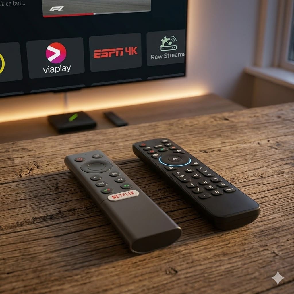 Een 1:1 close-up foto van twee moderne afstandsbedieningen die iptvtotaal zenders zoals Viaplay en ESPN 4K op de achtergrond tonen.
