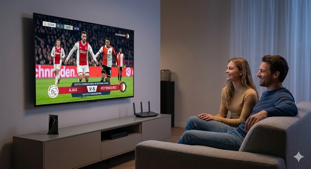 Een modern Nederlands stel kijkt naar een live voetbalwedstrijd via de beste iptv service in hun woonkamer, zonder haperingen.