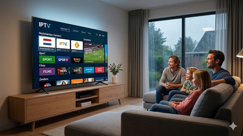 Een gezin kijkt naar een live voetbalwedstrijd op een 4K Smart TV in een modern Nederlands interieur, gebruikmakend van een iptv tv service gids voor 2026