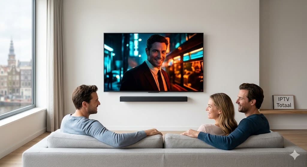Een gelukkig Nederlands stel dat geniet van een film op hun nieuwe 65 inch 4K scherm na succesvol een tv kopen in 2026.