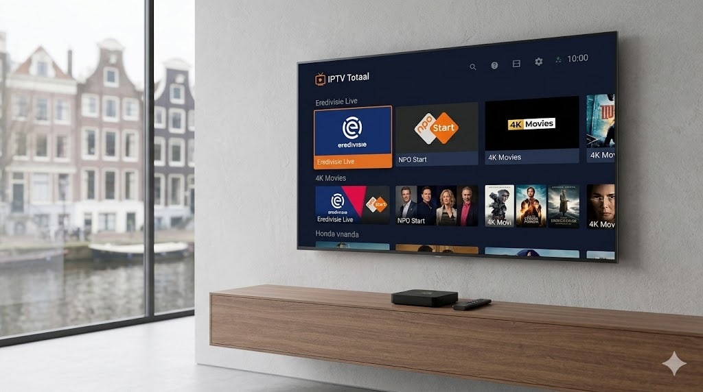 Een moderne woonkamer in Amsterdam met een 4K-televisie die een ip iptv interface toont, geoptimaliseerd voor 2026