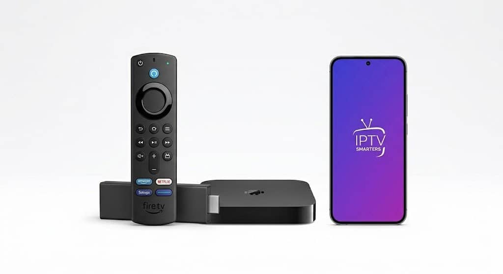 Key devices compatible with the IPTV Smarters Pro application, including a Firestick and Android Box.