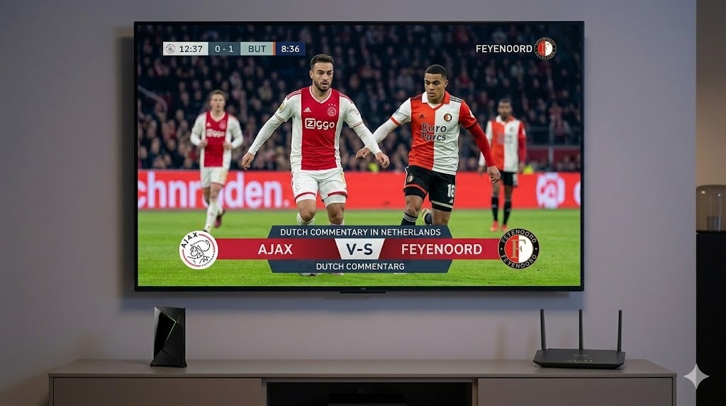 Een close-up van een NVIDIA Shield Pro en een high-speed router, de essentiële hardware voor de beste iptv ervaring zonder buffering in Nederland.