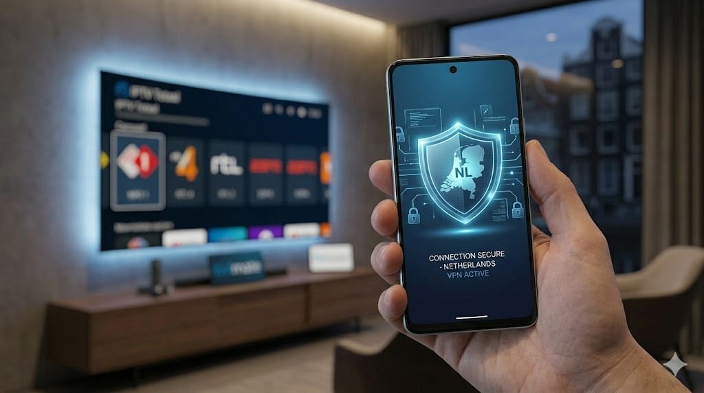 Een smartphone die een actieve VPN-verbinding met een NL-server toont, essentieel voor veilige en private iptv abonnementen.