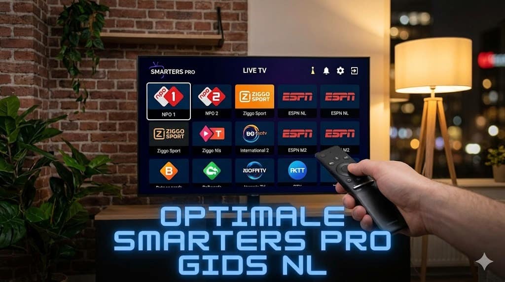 Een 16:9 omslagafbeelding voor een blog over smarters pro, tonend een moderne Amsterdamse woonkamer met een Samsung QLED TV en een oplichtend blauw menu 'SMARTERS PRO GIDS NL'.