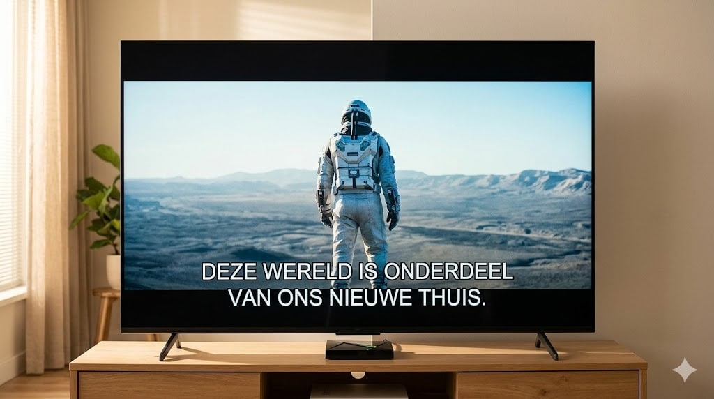 Een 75-inch smart tv in een moderne woonkamer toont een filmscène met duidelijke, goed leesbare iptv met nederlandse ondertitels onderaan het scherm.