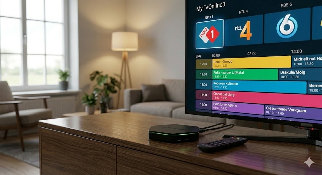 Een premium zwarte iptv box aangesloten op een 4K televisie in een moderne Nederlandse woonkamer met een vloeiend menu op het scherm.