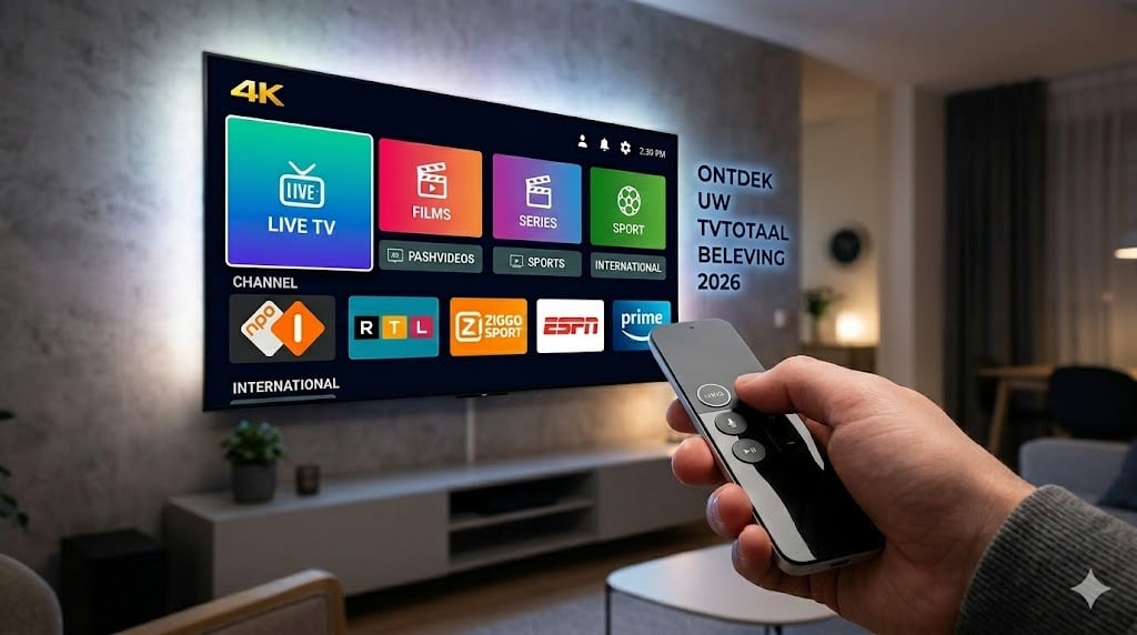 A close-up of a hand pointing a sleek remote control toward a large 4K Smart TV displaying a diverse tvtotaal channel menu with Dutch icons like NPO, RTL, and ESPN in a dimly lit, cozy living room.