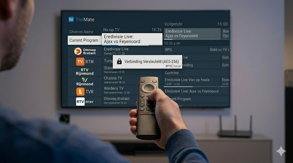 Een hand holding een afstandsbediening richt op een TV-scherm met een hangslot-icoon en de tekst 'Verbinding Versleuteld', wat de veiligheid van de beste iptv service illustreert.