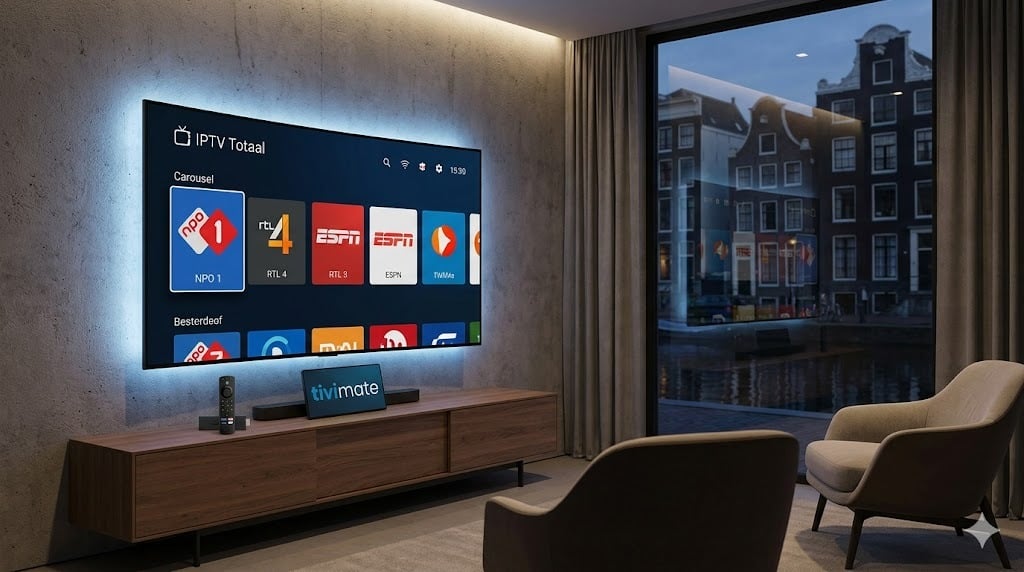 Een moderne 4K TV die het IPTV Totaal platform weergeeft, ideaal voor stabiele iptv abonnementen in Nederland.