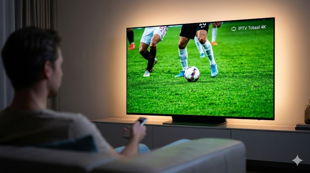 Premium iptv met 4k ervaring op een grote OLED TV in een Nederlandse woonkamer (2026)