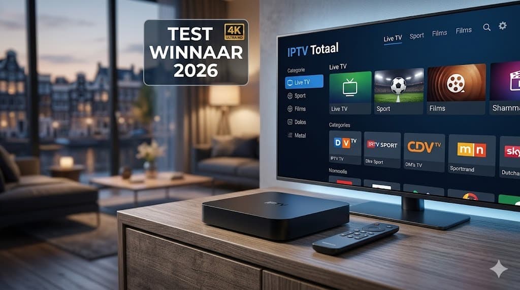 Een modern zwart iptv kastje toont de IPTV Totaal interface op een 4K TV in een Nederlandse woonkamer, 2026 testwinnaar.