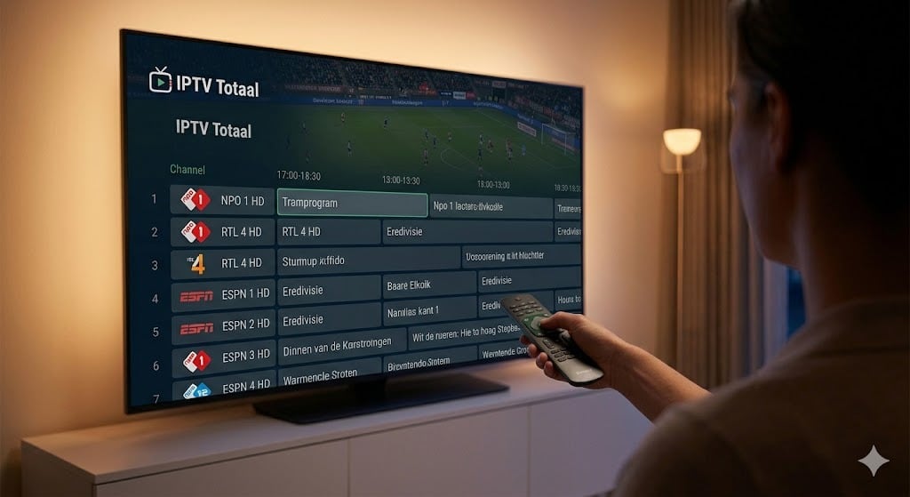 Over-the-shoulder view of navigating the dark-themed IPTV Totaal EPG on TiviMate, showcasing the guide for Dutch zenders, as analyzed in this iptv nederland review.