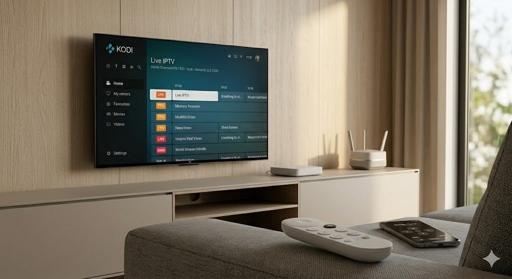 Een overzicht van een complete Kodi op Chromecast ecosystem setup: een moderne 4K TV die een live-tv gids toont, een Google TV Streamer op een console, en een mesh WiFi router op de achtergrond.