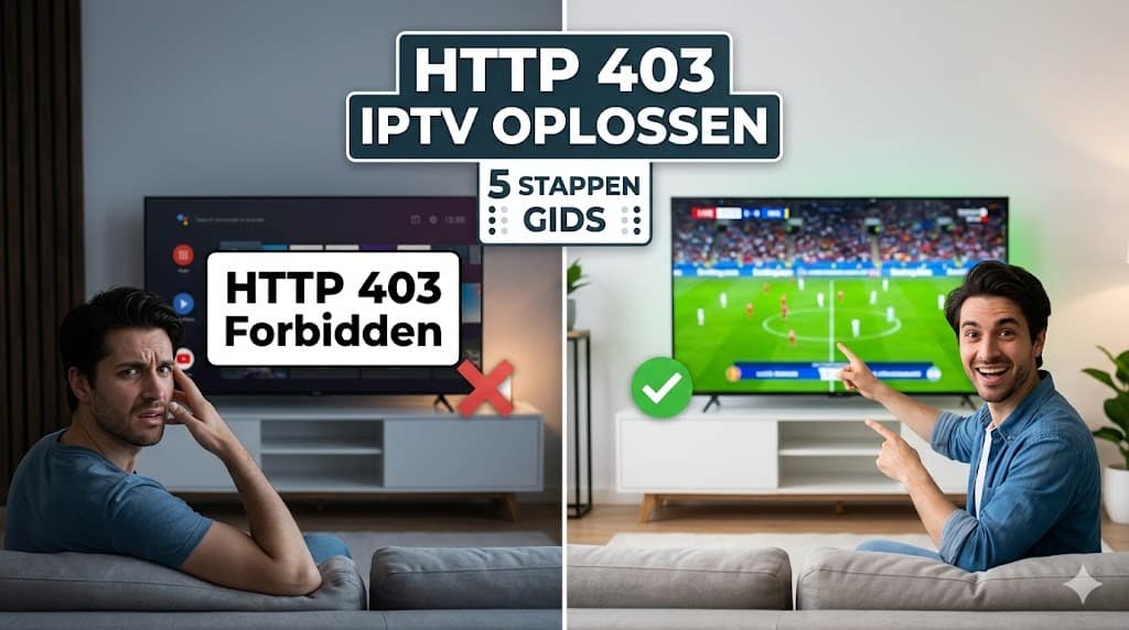 Een gefrustreerde gebruiker en een blije gebruiker illustreren de oplossing voor de HTTP 403 IPTV fout met 5 stappen.