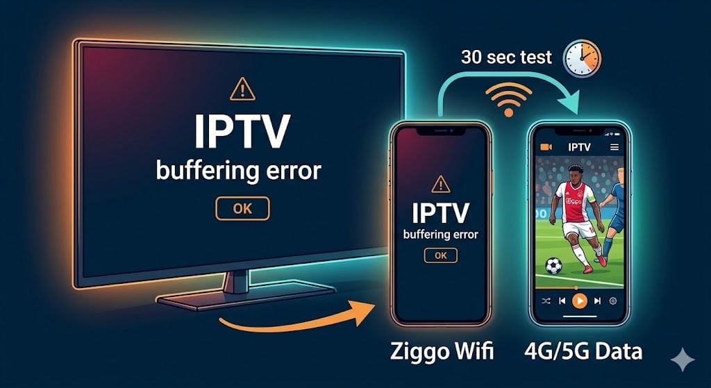Een vergelijking van een IPTV-stream die buffert op een TV en een 'Ziggo Wifi' telefoon, terwijl een '4G/5G Data' telefoon perfect werkt. Dit illustreert de 30-seconden test voor wanneer IPTV Ziggo werkt niet.