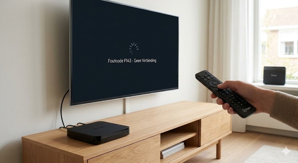 Een zwarte KPN TV+ Box bij een TV die "Foutcode F143" toont, illustreert het probleem wanneer KPN IPTV werkt niet meer.
