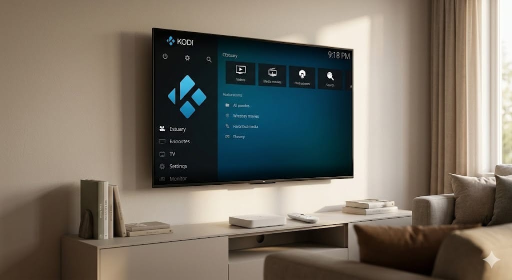 Een moderne 4K televisie die de Kodi op Chromecast interface toont in een gezellige woonkamer, geflankeerd door de nieuwe Google TV Streamer en afstandsbediening.