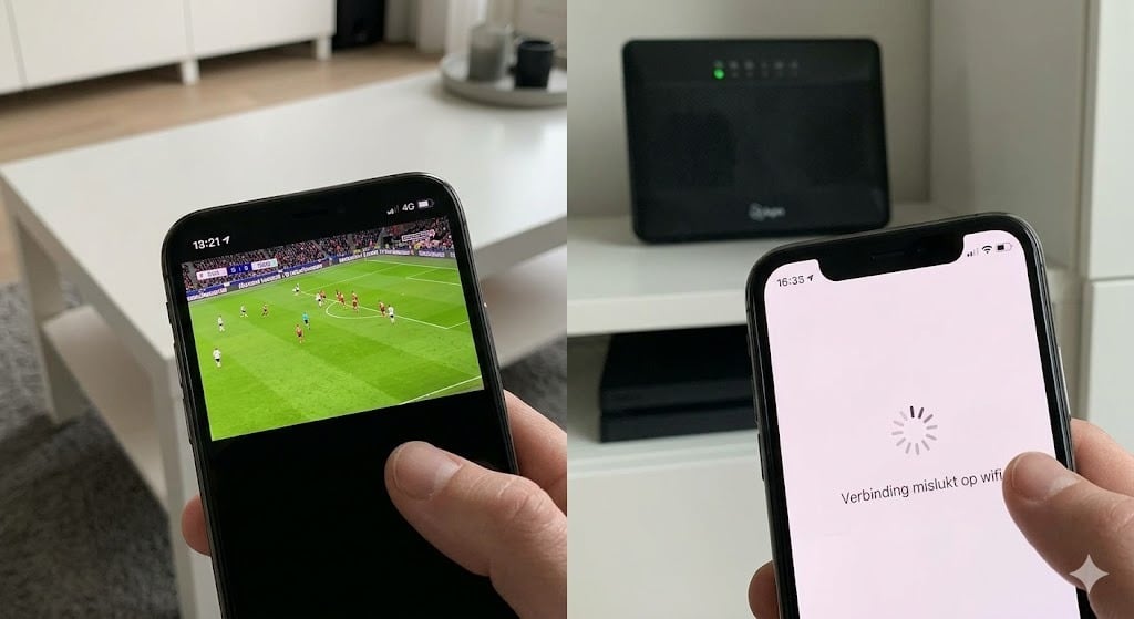 Een split-screen vergelijking op een telefoon: links werkt de stream via 4G, rechts faalt de stream op KPN wifi, wat helpt te bepalen waarom KPN IPTV werkt niet meer.