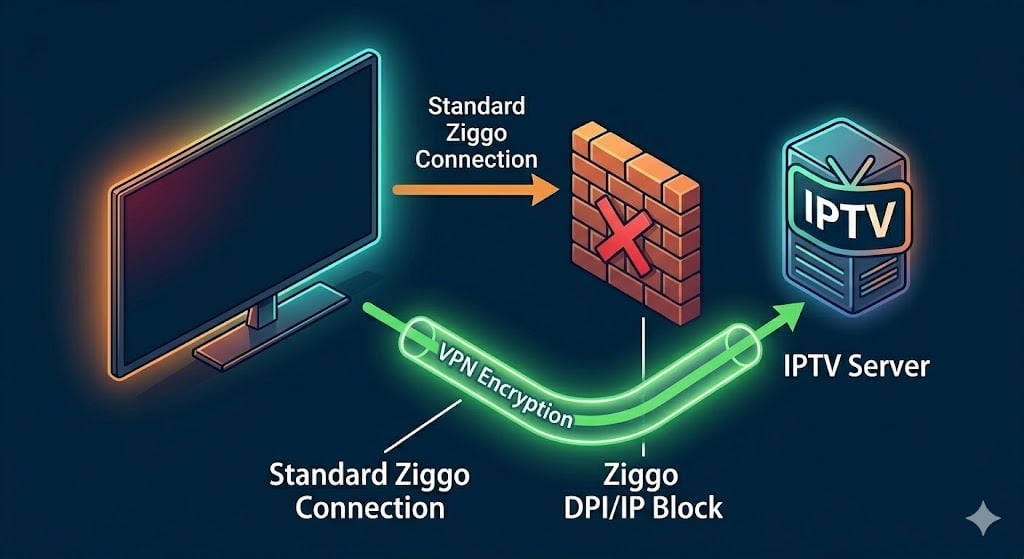 Een diagram dat laat zien hoe 'Standard Ziggo Connection' wordt geblokkeerd door een 'Ziggo DPI/IP Block', terwijl 'VPN Encryption' een veilige tunnel eromheen creëert naar de 'IPTV Server'. Dit lost de situatie op waarin IPTV Ziggo werkt niet.