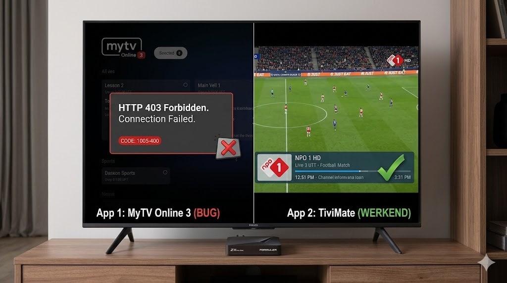 Een TV-scherm met split-view laat de MyTV Online 3 app zien met een HTTP 403 fout, terwijl de TiviMate app op hetzelfde apparaat een werkend kanaal toont, wat helpt bij het oplossen van de HTTP 403 IPTV storing.