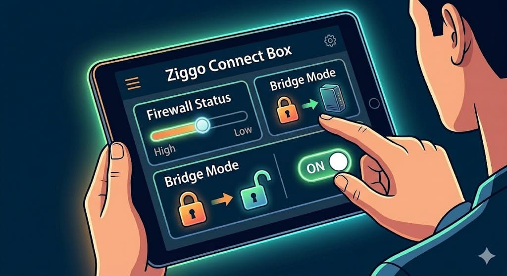 Een hand interacteert met een tablet die het dashboard van de Ziggo Connect Box toont. De 'Firewall Status' slider wordt van 'High' naar 'Low' gezet, en de 'Bridge Mode' toggle wordt 'ON' gezet om netwerkblokkades op te lossen wanneer IPTV Ziggo werkt niet.