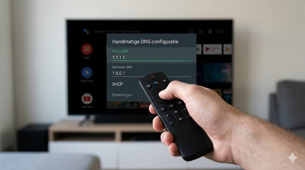 Een detailopname van een hand die een afstandsbediening gebruikt om handmatig de DNS-instellingen naar 1.1.1.1 te wijzigen op een Android TV-menu om een HTTP 403 IPTV blokkade op te lossen.