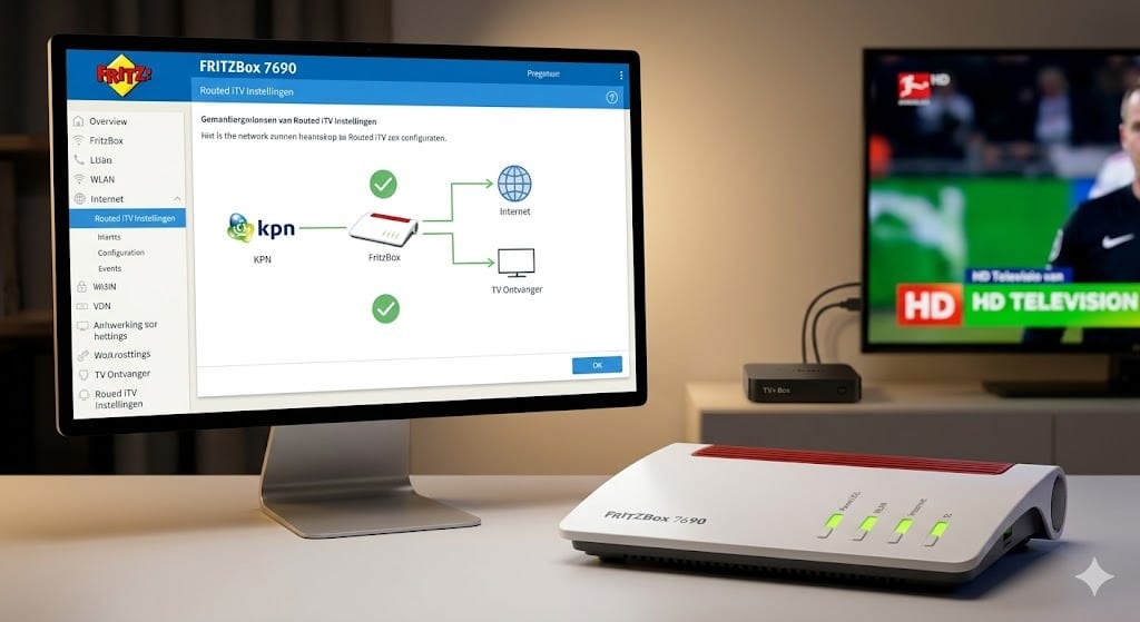 Een FritzBox 7690 modem met een monitor die de succesvolle 'Routed iTV' configuratie toont voor KPN-glasvezel, wat nodig is als KPN IPTV werkt niet meer op eigen hardware.