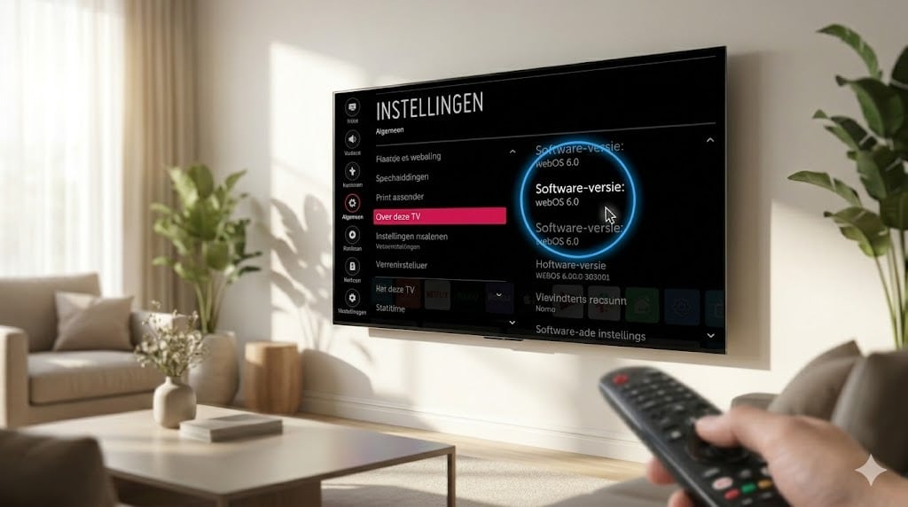 Een detailopname van het LG TV-instellingenmenu die toont hoe je de softwareversie controleert om de Beste IPTV app LG Smart TV te installeren.