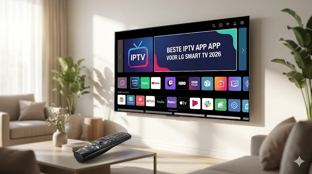 Een moderne LG Smart TV die de Beste IPTV app LG Smart TV vergelijkingsgids weergeeft in een woonkamer.