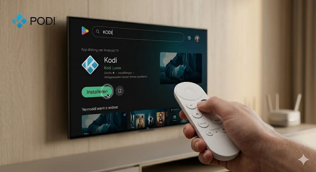 Een close-up shot van een witte hand die de Google TV afstandsbediening vasthoudt en de "Installeren" knop van de Kodi-app in de Google Play Store selecteert op de Kodi op Chromecast TV-interface.