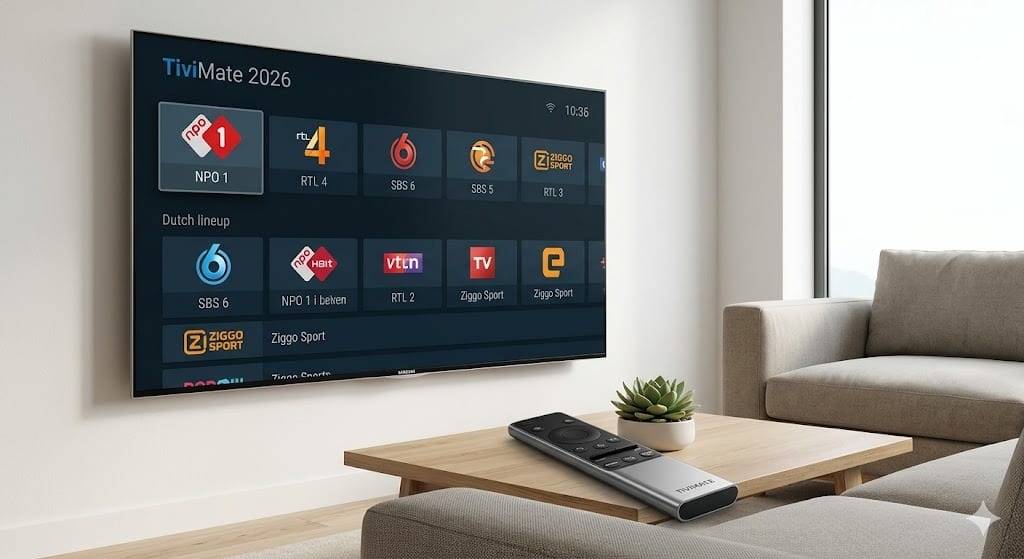 A sleek modern Smart TV displaying the Dutch TiviMate interface, showing NPO and RTL channels, a perfect setup for TiviMate instellen Android TV.