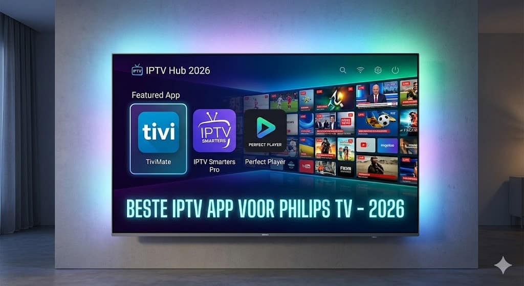Een moderne Philips Ambilight 4K TV die een futuristische "IPTV Hub 2026" interface toont met de Beste IPTV app voor Philips TV (2026) selectie (TiviMate, Smarters Pro).
