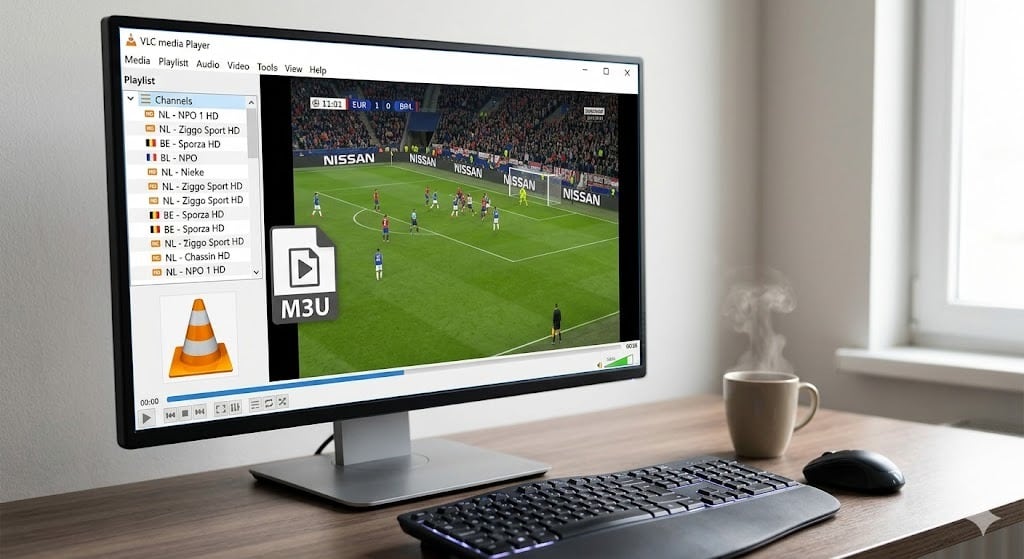 Een moderne desktop monitor toont een live voetbalwedstrijd via een IPTV stream die actief is in VLC Player.