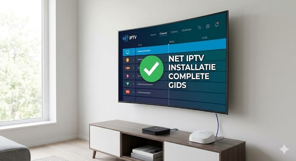 Een moderne woonkamer met een Smart TV die succesvol de Net IPTV-app interface toont met de tekst 'NET IPTV INSTALLATIE COMPLETE GIDS', ter illustratie van hoe je Net IPTV installeren en instellen kunt.