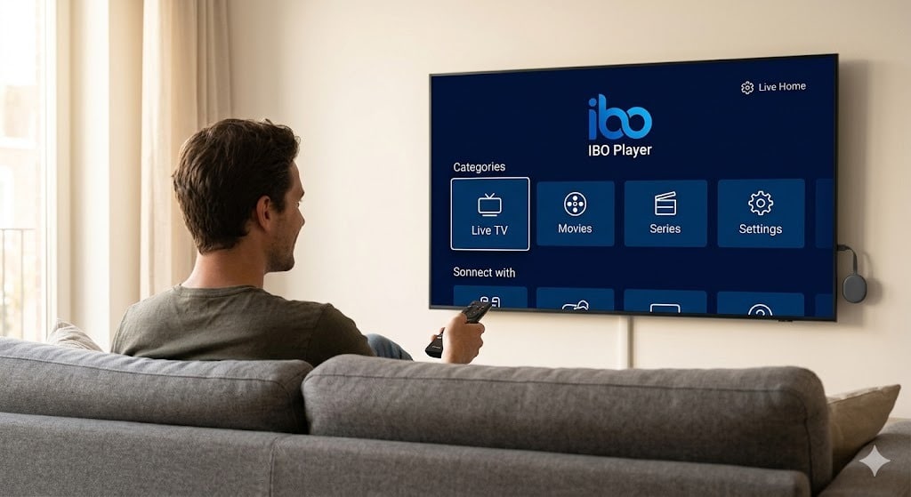 Een moderne Smart TV in een woonkamer die het hoofdmenu van de IBO Player app weergeeft, klaar voor gebruik na IBO Player installeren.