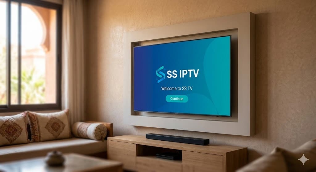 Een complete gids voor het SS IPTV installeren op Samsung en LG Smart TV's, beginnend in een moderne woonkamer.