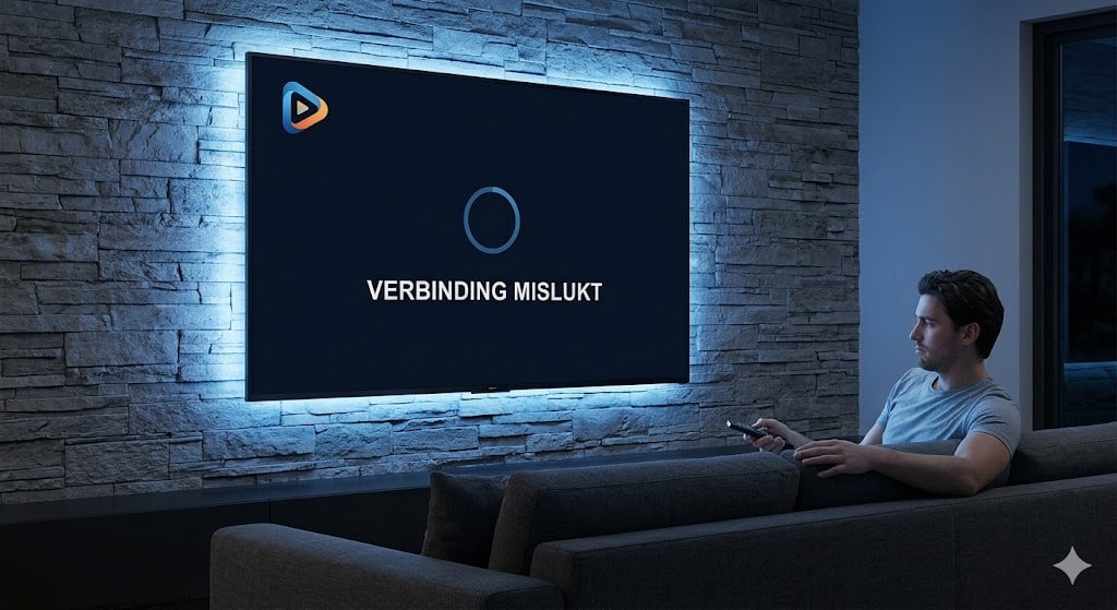 Een persoon in een woonkamer kijkt naar een TV-scherm met een 'Verbinding Mislukt' melding, ter illustratie van de situatie waarin IBO Player werkt niet.