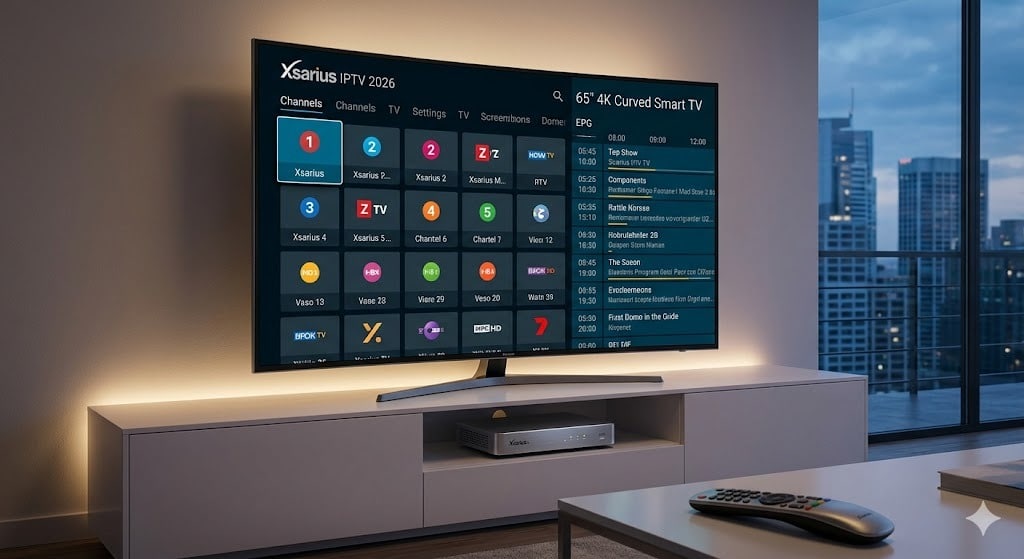 Een moderne 4K TV die de geoptimaliseerde gebruikersinterface van Xsarius IPTV instellen in 2026 toont, inclusief de EPG-gids.