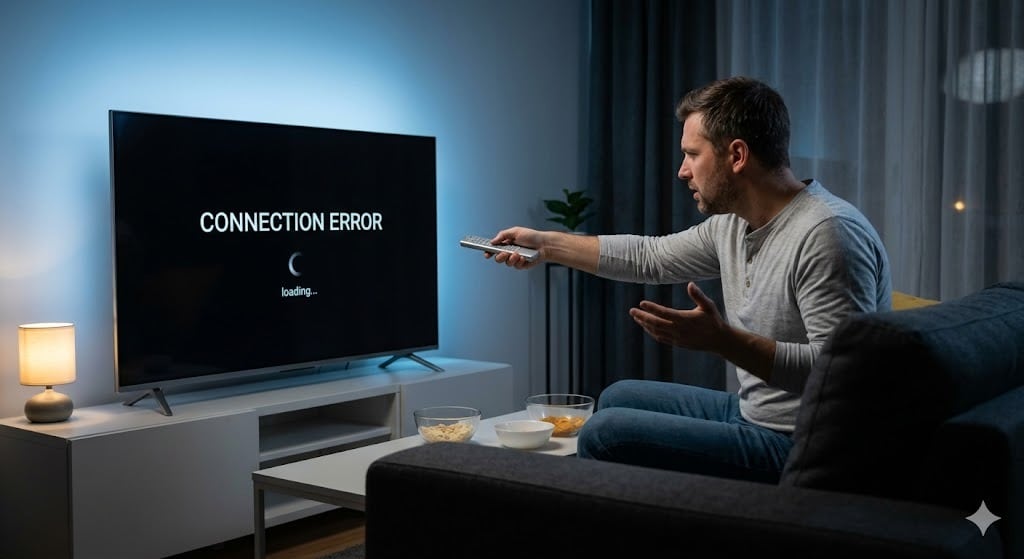 Een gefrustreerde man in een woonkamer die een afstandsbediening richt op een TV met een 'Connection Error' melding; visualisatie van IPTV Smarters Pro werkt niet meer.