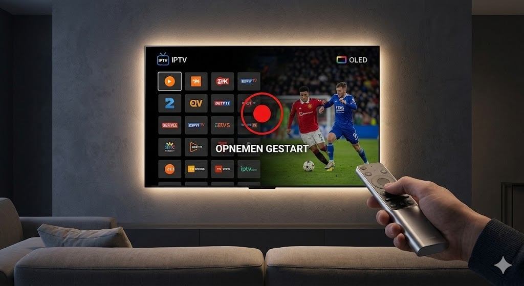 Een grote OLED-tv in een gezellige woonkamer toont de actieve status van een IPTV programma opnemen, met een 'OPNEMEN GESTART' melding overlay.