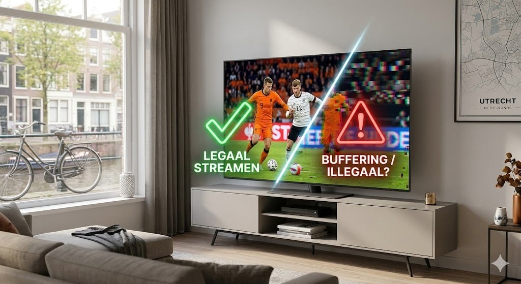 Moderne smart TV setup met waarschuwingssignalen om illegale IPTV herkennen te vereenvoudigen.