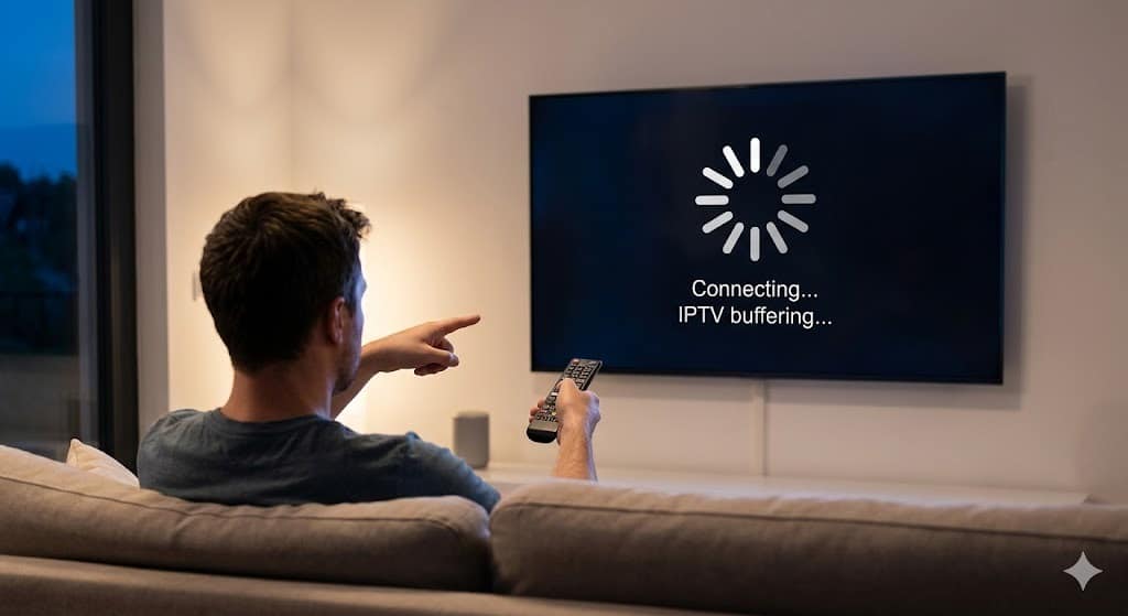 Een gefrustreerde kijker in een woonkamer die zijn TV-afstandsbediening richt op een zwart scherm met een laadwiel, wat duidt op een IPTV storing.