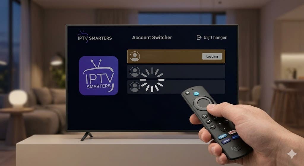 Een tv-scherm toont de IPTV Smarters app interface die blijft hangen bij account wisselen met een laad-icoon.
