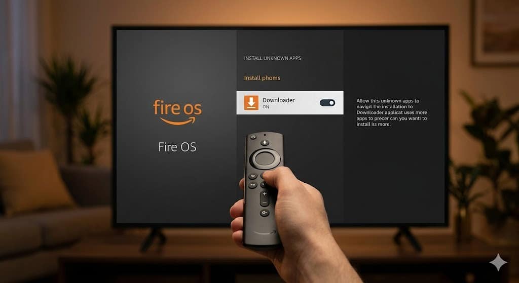 Een hand gebruikt de Fire TV Stick-afstandsbediening om 'Apps van onbekende bronnen inschakelen' te activeren voordat ze IPTV Smarters Pro installeren op Firestick.