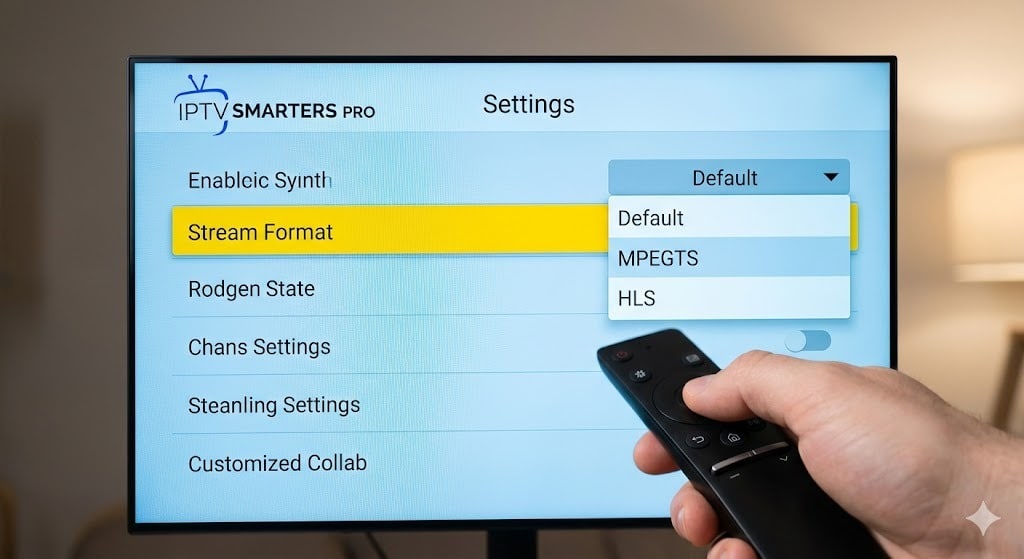 Een close-up macro foto van een TV-scherm UI waar de gebruiker in de IPTV Smarters Pro instellingen het 'Stream Format' wijzigt van Default naar MPEGTS om op te lossen dat de app niet meer werkt.