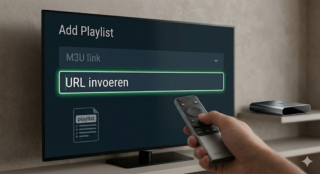 A television screen close-up showing the TiviMate menu for TiviMate instellen Android TV, highlighting 'URL invoeren' and 'Add Playlist' options.